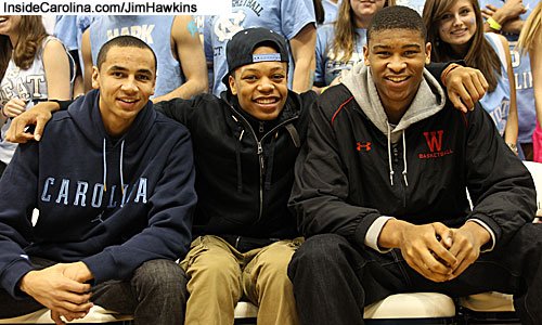 Tar Heel commits Marcus Paige, Nate Britt, and Isaiah Hicks sit courtside for Duke game 2-8-2012.